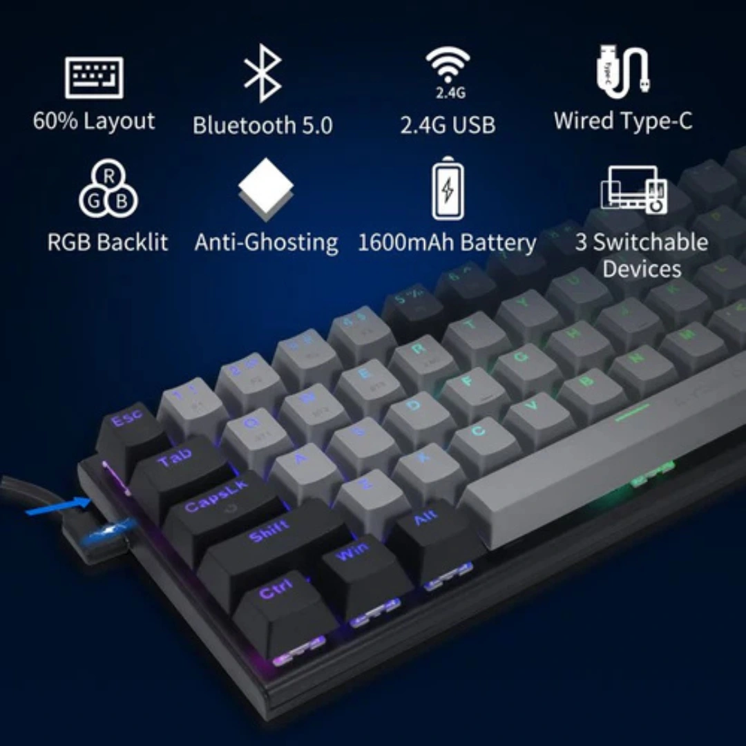 E-YOOSO Z-11 Tri-Mode RGB 63 Keys Hot Swappable Mechanical Keyboard Black/Grey - Image 6
