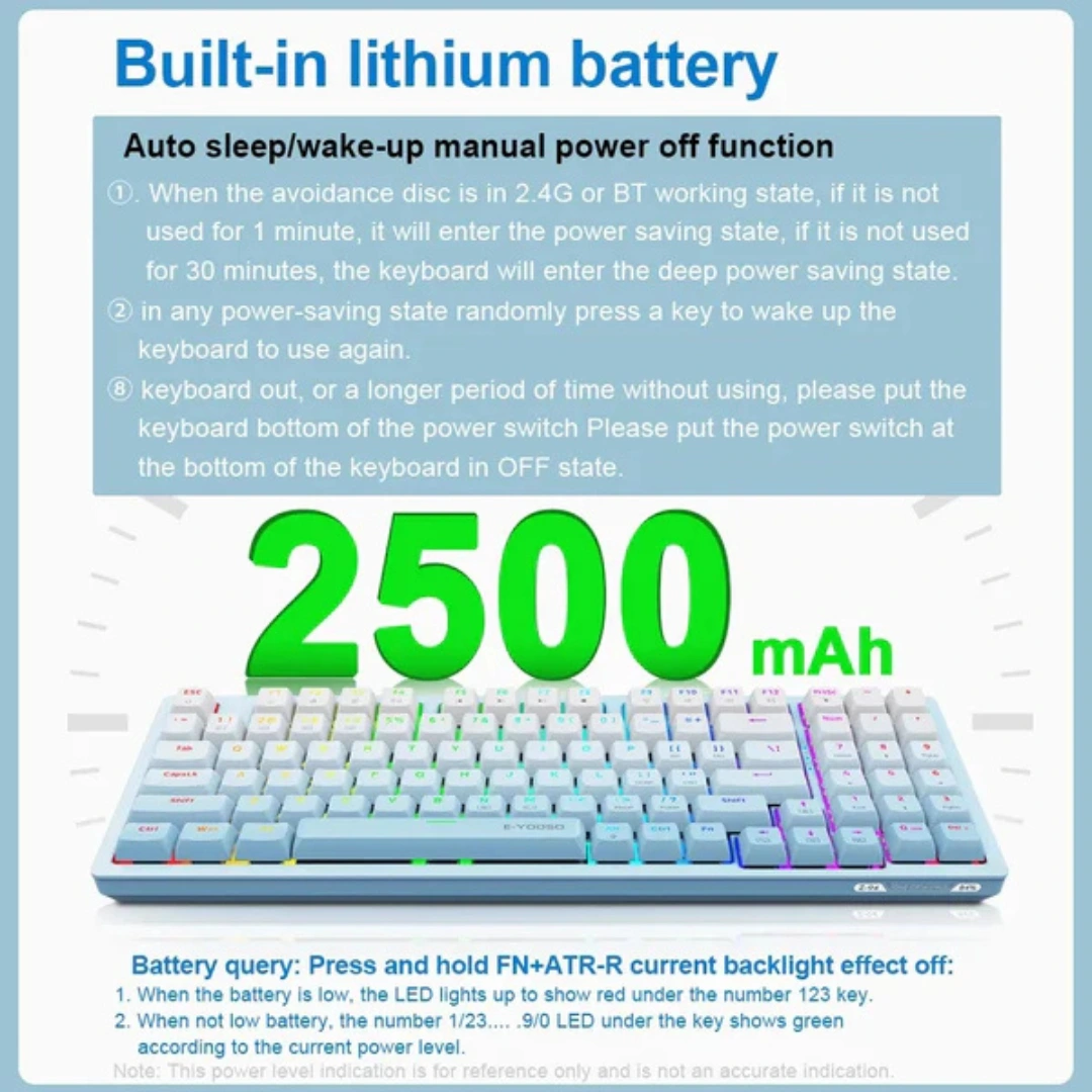 E-Yooso Z-94 Tri-Mode RGB 94-Keys Hot-Swappable Mechanical Keyboard White/Blue - Image 3