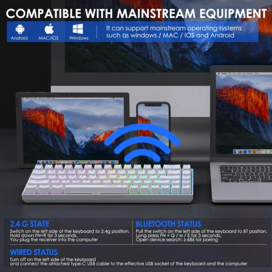 E-Yooso Z-686 Tri-Mode RGB 68 Keys Hot Swappable Mechanical Keyboard White - Image 2